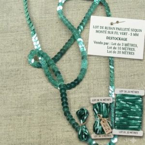 DESTOCKAGE : Galon Sequins Vert Lumineux – Finition scintillante – 5 mm – Lots 3m, 10m ou 20m