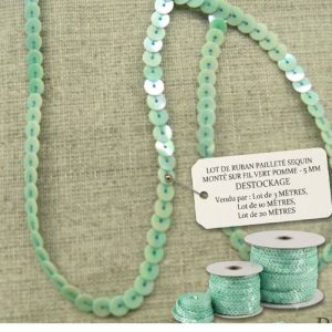 lot de Ruban pailleté sequin montée sur fil vert pomme 5 mm