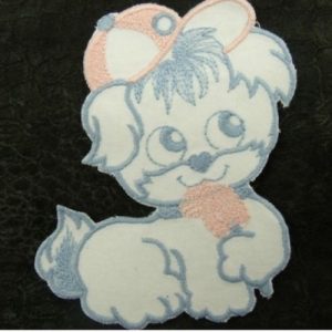 écusson thermocollant motif PETIT CHIEN bleu blanc et rose largeur 5 cm/ hauteur 9 cm