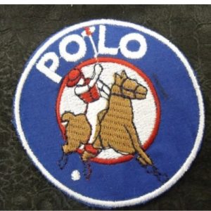 écusson thermocollant motif POLO bleu blanc rouge et marron diamètre 7 cm