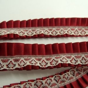 Ruban Satin Plissé Avec Dentelle Bordeaux Vichy 23 mm