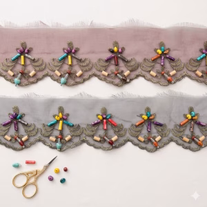 Ruban brodé avec perles sur voile 7,5 cm – Couleur au choix