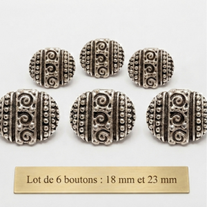 Lot de 6 boutons métal argent vieilli – 18 mm ou 23 mm