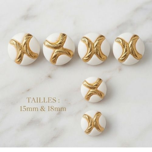 Lot de 6 boutons acryliques composés dorés sur fond blanc – 15 mm et 18 mm