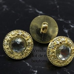 Lot de 6 boutons acryliques or avec strass central à queue – 18 mm