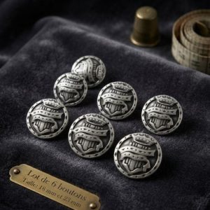 Lot de 6 boutons en métal argent vieilli motif héraldique – 18 mm et 23 mm