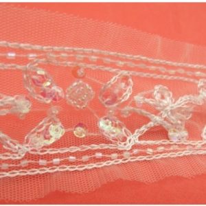 Ruban Brodé Perlé Sur Tulle Blanc 40 mm
