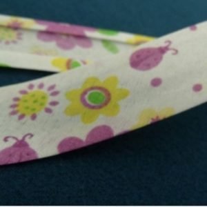 Ruban biais enfants coton fleur violet et jaune 25 mm