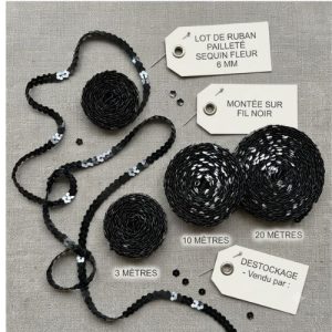 DESTOCKAGE : Galon Sequins Forme Fleur – Noir et Argent – 6 mm – Lots 3m, 10m ou 20m