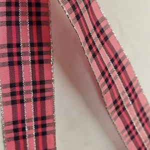 NOUVEAU ruban fantaisie réversible carreau rose lurex argent