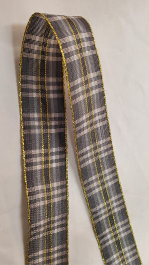 NOUVEAU ruban fantaisie réversible carreau gris lurex or