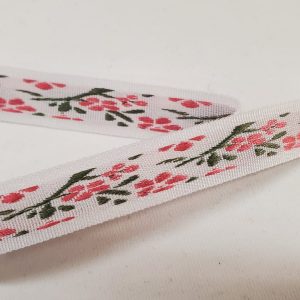 NOUVEAU ruban fantaisie à fleurs fushia et vert sur fond blanc