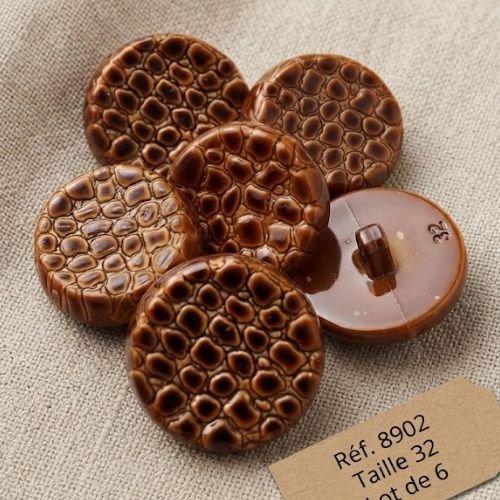 Lot de 6 boutons acryliques marron façon lézard – 20 mm