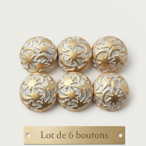 Lot de 6 boutons acryliques composés blanc et or motif céleste – 18 mm