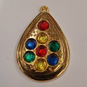 Pendentif Strass Acrylique Fond Doré , Bleu rouge vert & jaune hauteur 35 cm / largeur 24 cm