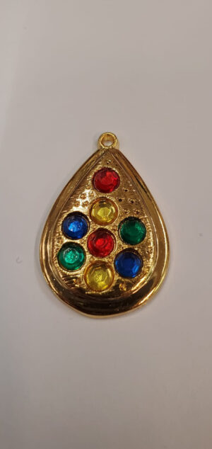 Pendentif Strass Acrylique Fond Doré , Bleu rouge vert & jaune hauteur 35 cm / largeur 24 cm