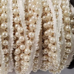 Ruban Perlé Blanc Nacré Et Petite Perle Or 12 mm