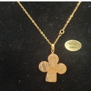 Collier avec chainette métal doré motif trefle en pierre naturelle picture jasper