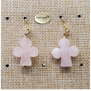 paire de boucle d'oreille en trèfle pendentif rose quartz en pierre naturelle