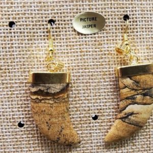 Joli paire de boucle d'oreille motif corne pendentif picture jasper en pierre naturelle
