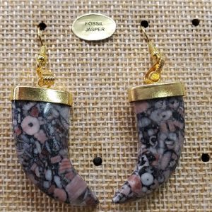 paire de boucle d'oreille motif corne pendentif fossil jasper en pierre naturelle