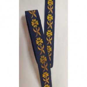 NOUVEAU ruban fantaisie à fleurs or sur fond marine,1 cm