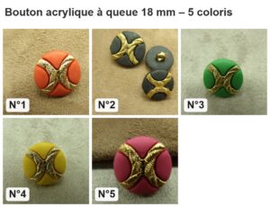 Bouton acrylique à queue 18 mm : les 5 coloris numérotés