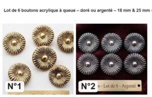 Lot de 6 boutons acrylique à queue – doré ou argenté – 18 mm & 25 mm : les 2 coloris numérotés