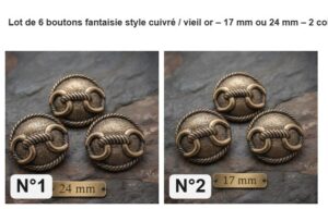 Lot de 6 boutons fantaisie style cuivré / vieil or – 17 mm ou 24 mm : les 2 coloris numérotés