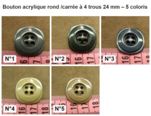 Bouton acrylique rond /carrée à 4 trous 24 mm : les 5 coloris numérotés