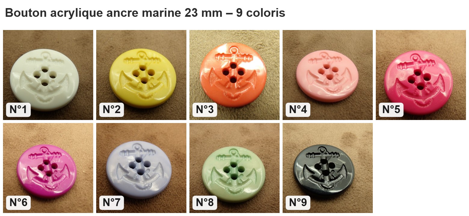 Bouton acrylique ancre marine 23 mm : les 9 coloris numérotés