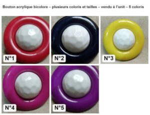 Bouton acrylique bicolore – plusieurs coloris et tailles – vendu à l’unit : les 5 coloris numérotés