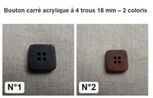 Bouton carré acrylique à 4 trous 18 mm : les 2 coloris numérotés