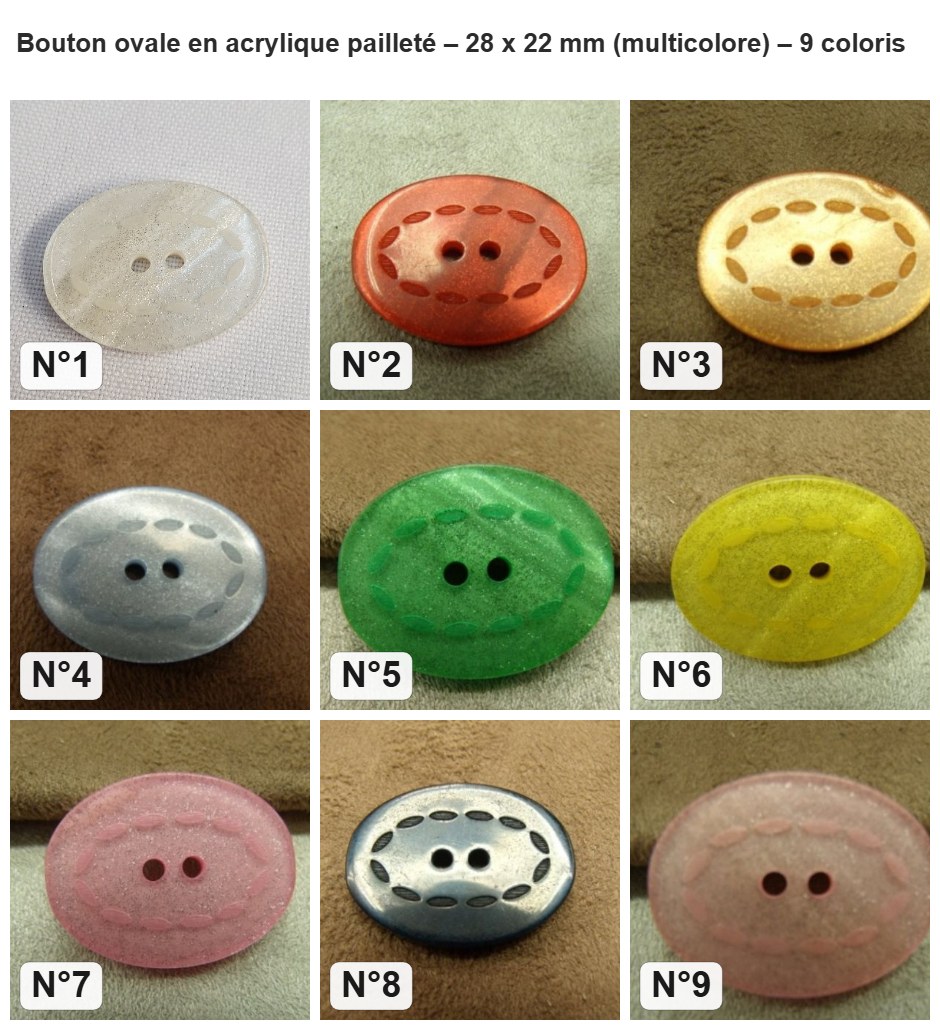 Bouton ovale en acrylique pailleté – 28 x 22 mm (multicolore) : les 9 coloris numérotés