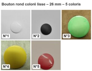 Bouton rond coloré lisse – 26 mm : les 5 coloris numérotés