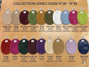 Coudières simili daim petit modèle, collection N°20 à N°39 : toutes les couleurs numérotées