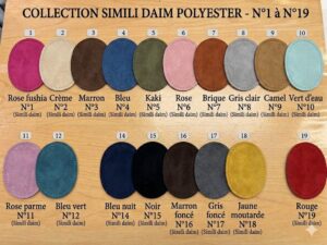 Coudières simili daim petit modèle, collection N°1 à N°19 : toutes les couleurs numérotées