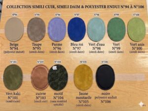 Coudières simili cuir, simili daim et polyester enduit – Collection N°94 à N°106 : toutes les couleurs numérotées