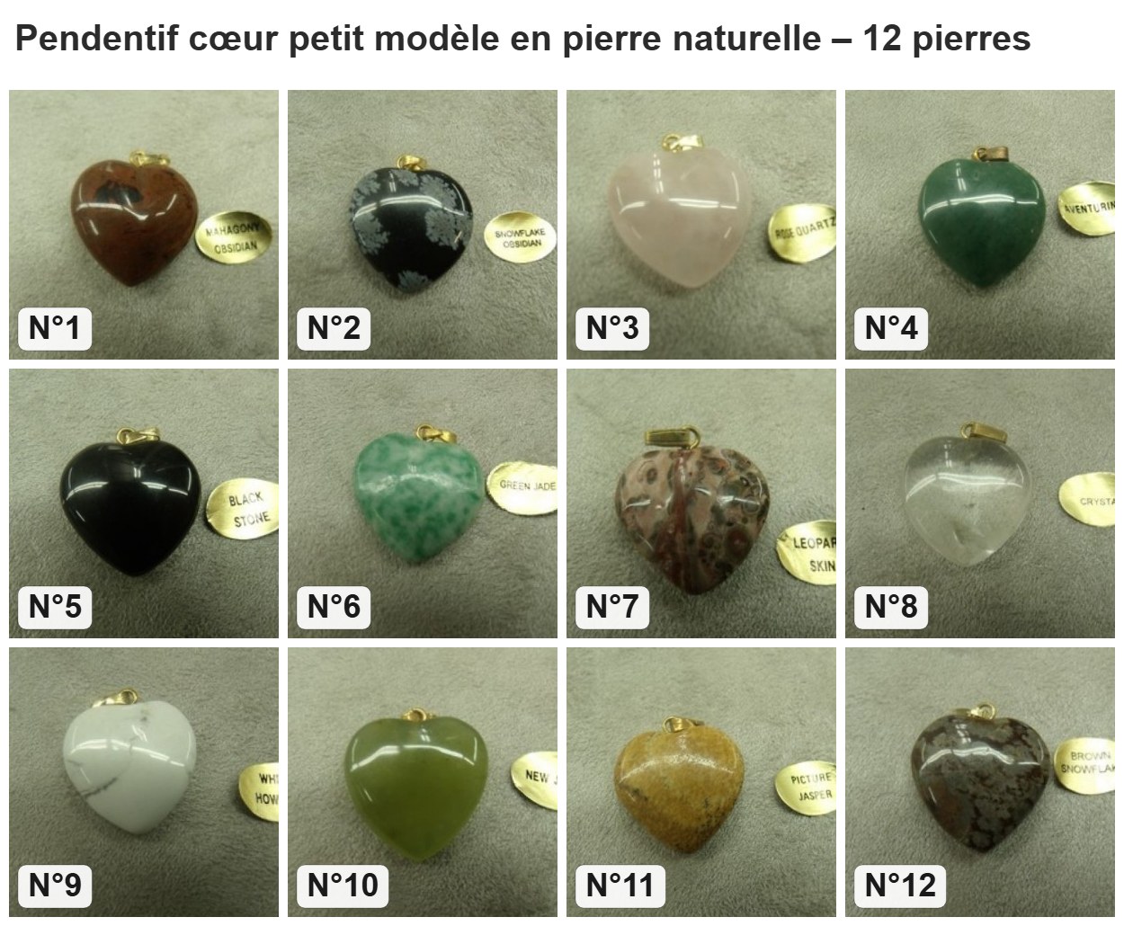 Pendentif cœur petit modèle en pierre naturelle : les 12 pierres numérotés