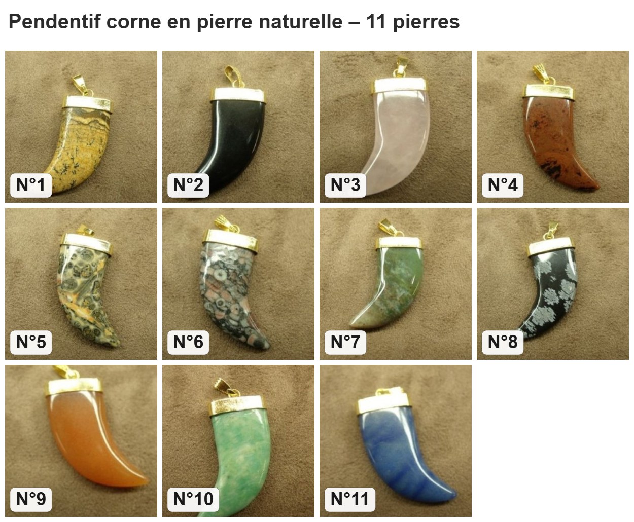 Pendentif corne en pierre naturelle : les 11 pierres numérotés