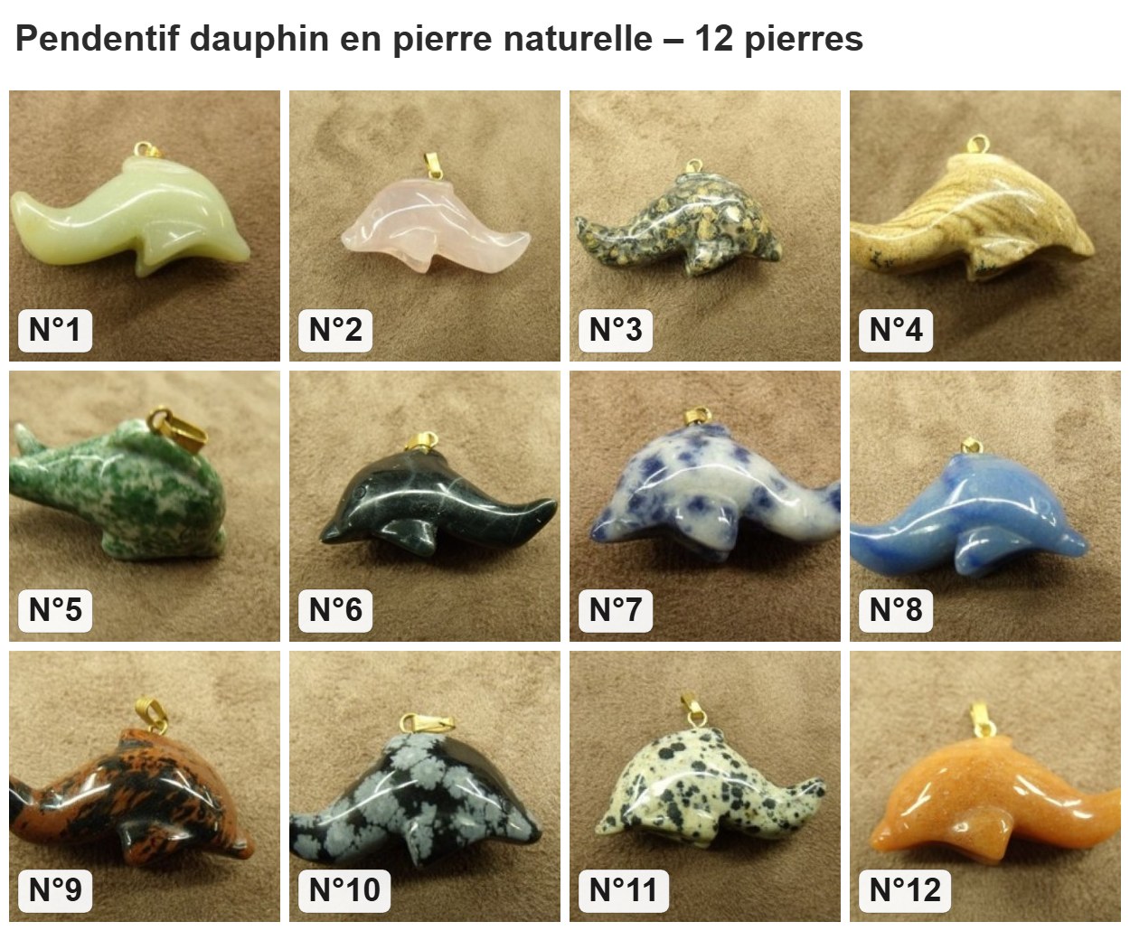 Pendentif dauphin en pierre naturelle : les 12 pierres numérotés