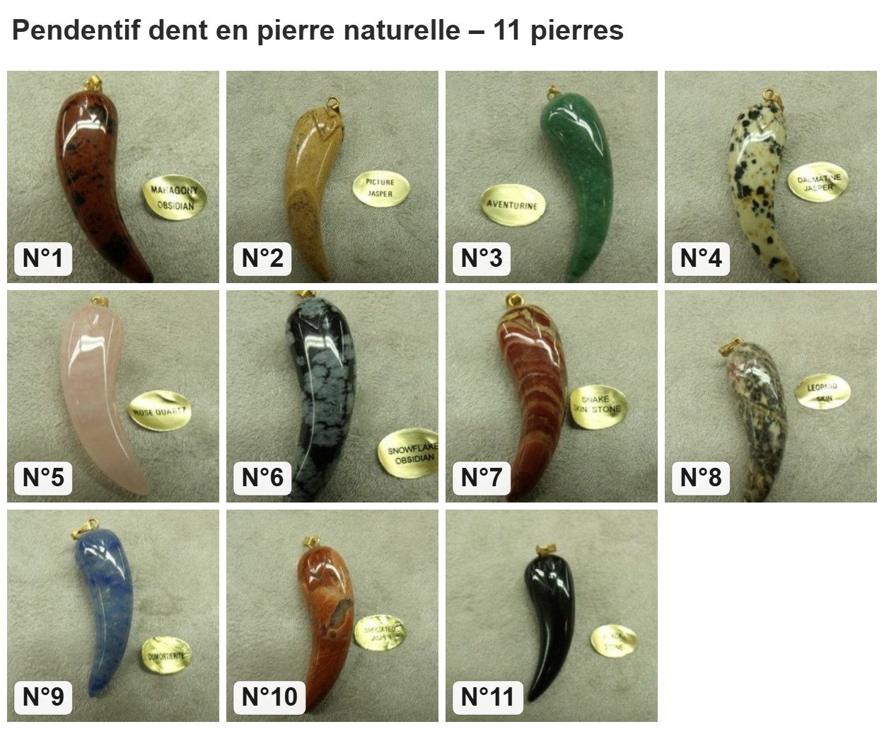 Pendentif dent en pierre naturelle : les 11 pierres numérotés