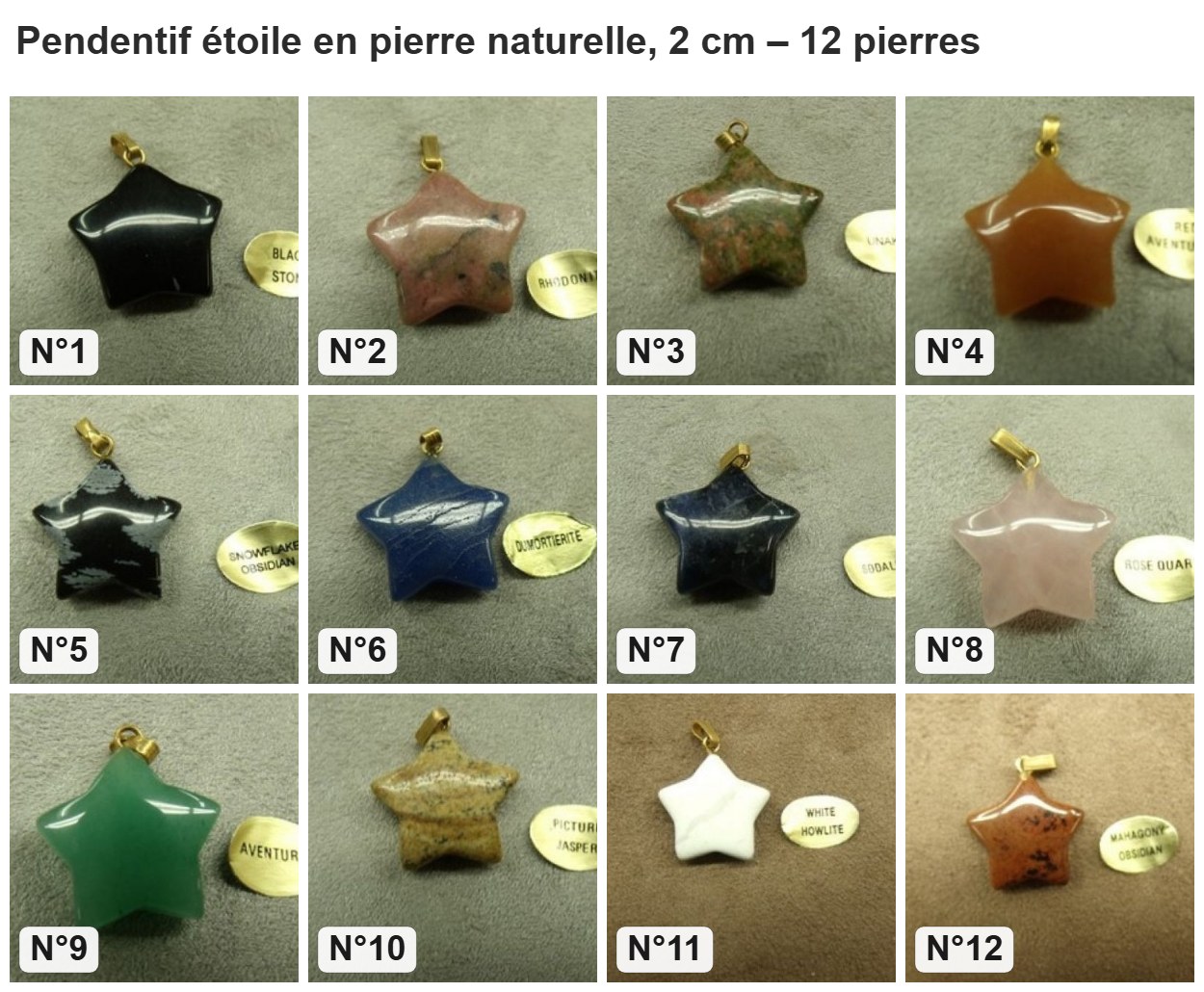 Pendentif étoile en pierre naturelle, 2 cm : les 12 pierres numérotés