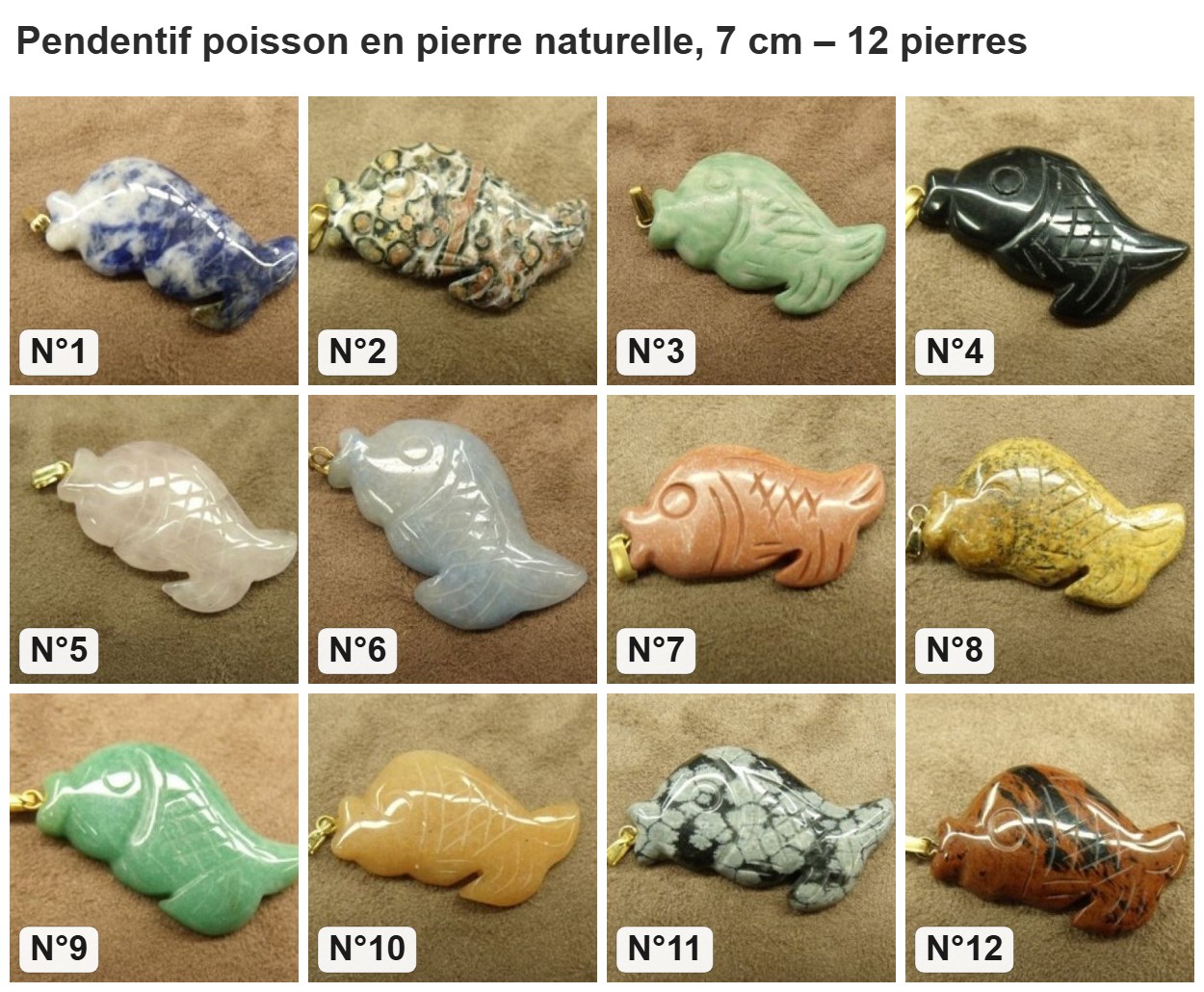 Pendentif poisson en pierre naturelle, 7 cm : les 12 pierres numérotés