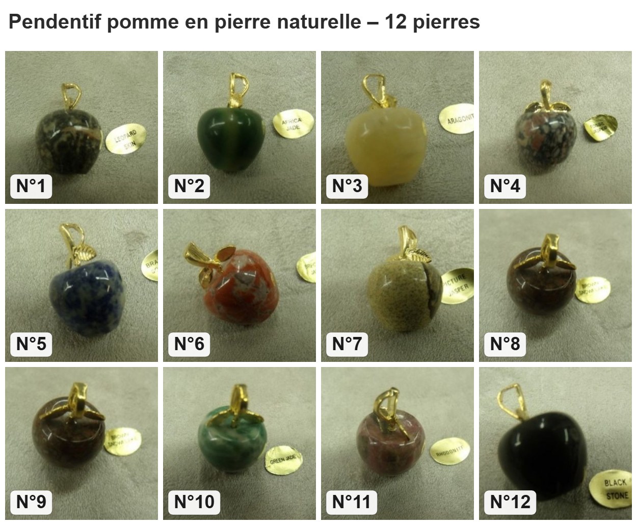 Pendentif pomme en pierre naturelle : les 12 pierres numérotés