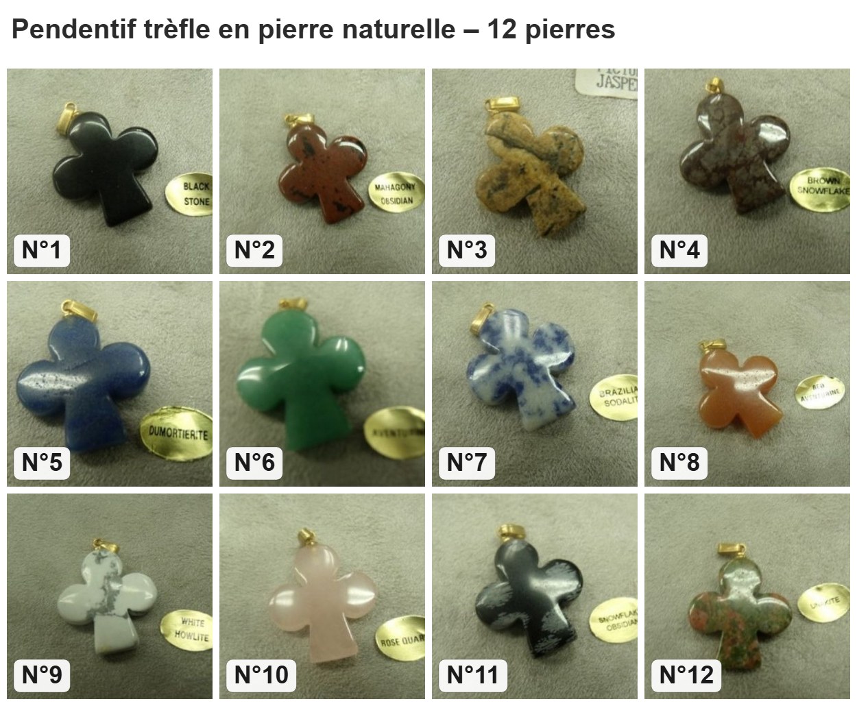 Pendentif trèfle en pierre naturelle : les 12 pierres numérotés