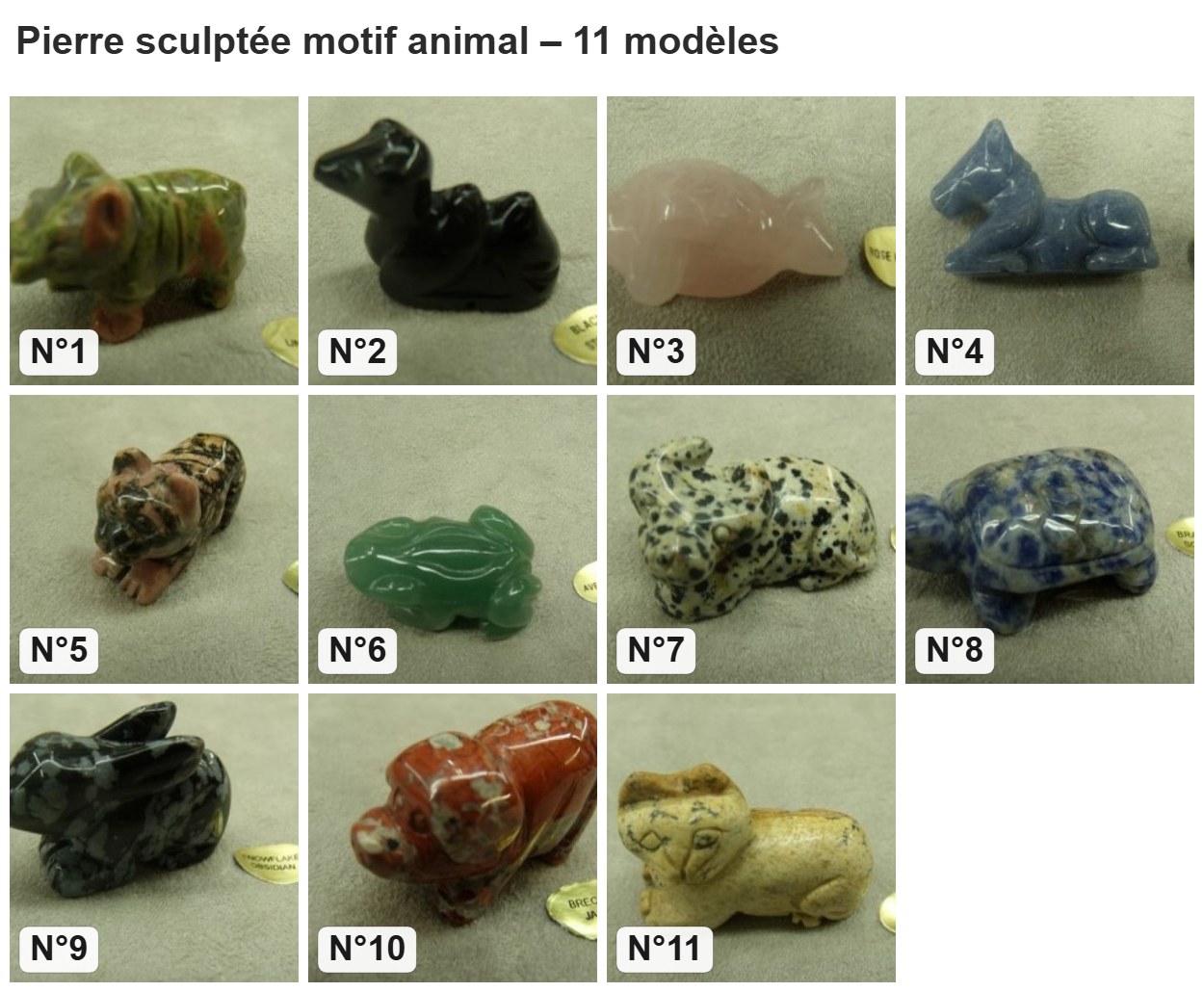 Pierre sculptée motif animal : les 11 modèles numérotés