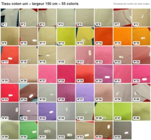 Tissu coton uni 150 cm : les 55 coloris numérotés